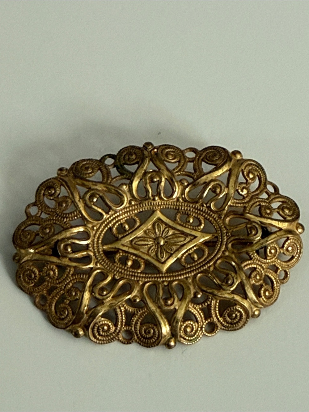Vintage Miriam Haskell antique revival gold tone Filigree Oval Brooch pin